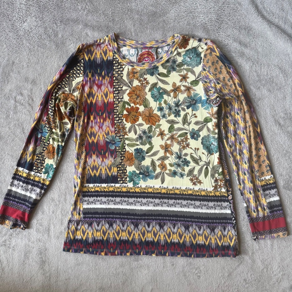 Johnny‎ Was Womens Mixed Floral Ikat Print Long Sleeve Top Multi Color Size M